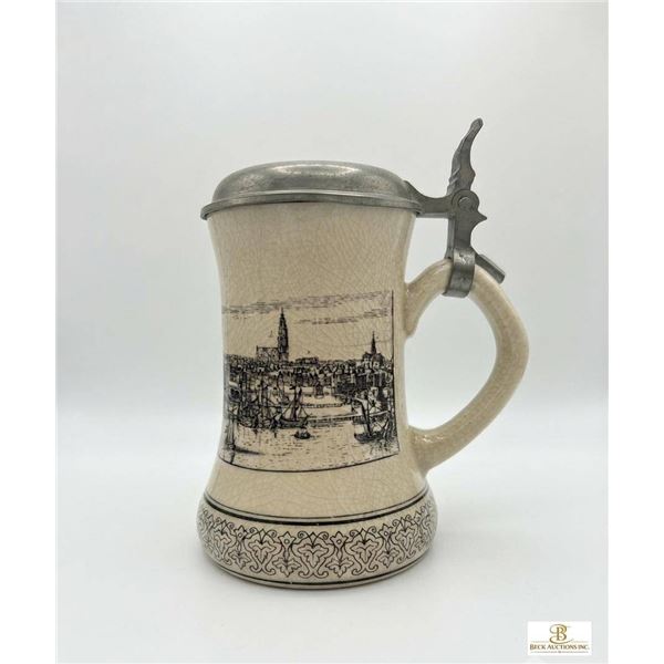 Ceramic Beer Stein With Pewter Lid and City Scene