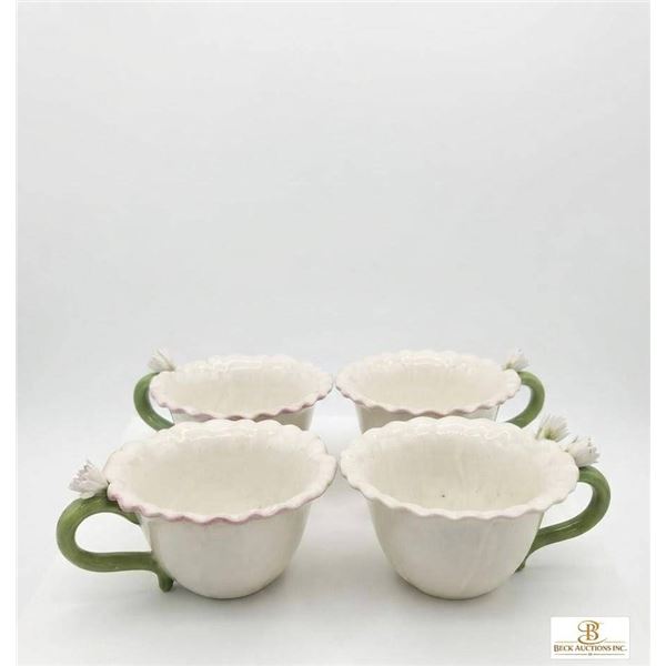 4 Ceramic Flower-Themed Cups with Green Handles