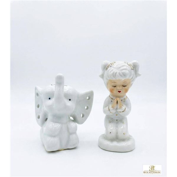 Porcelain Praying Girl Figurine and Elephant Figure Pair