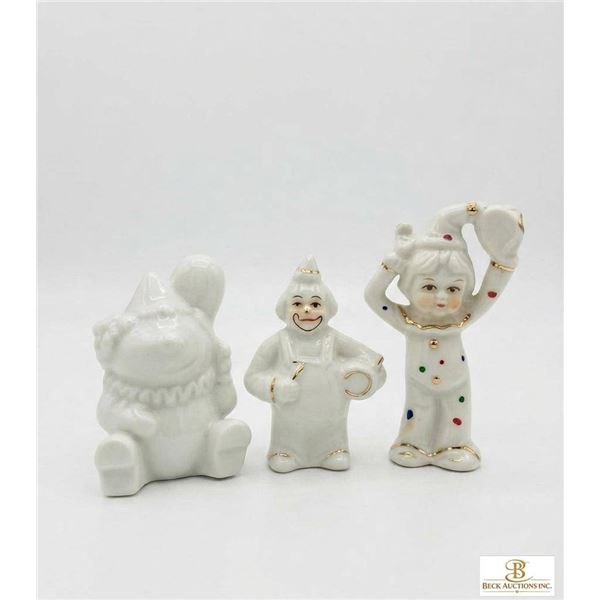 Porcelain Clown Figurines Trio with Gold Trim and Polka Dots
