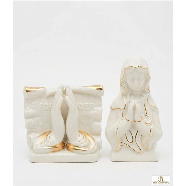Ceramic Religious Prayer Figurines with Gold Accents