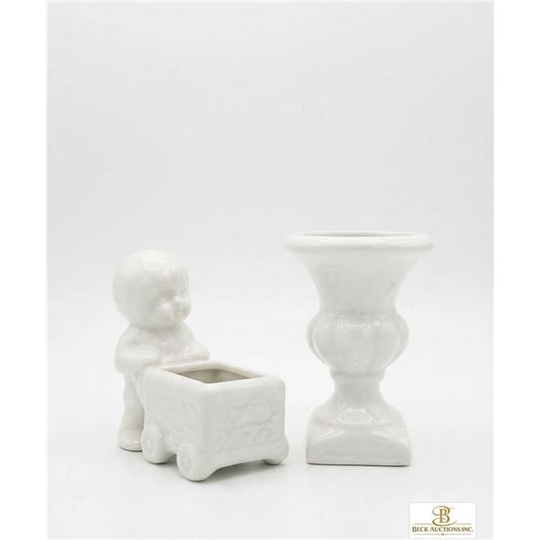 White Glazed Ceramic Candleholders and Planter Pieces