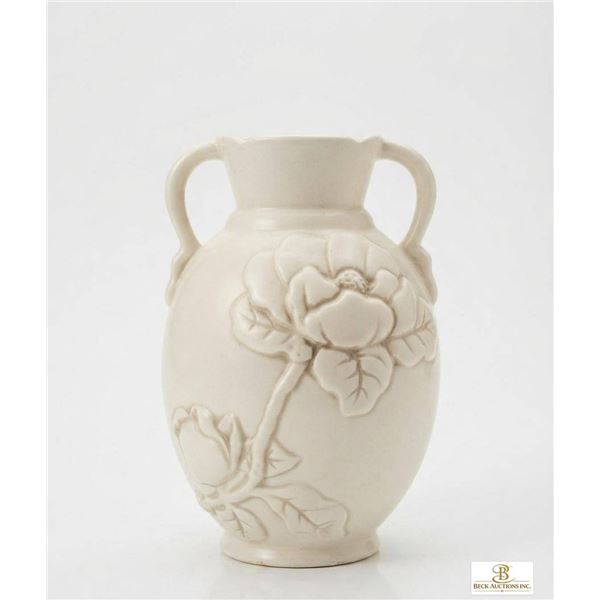 White Ceramic Vase with Relief Floral Design and Two Handles