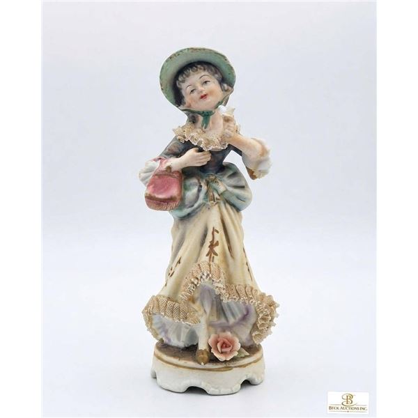 Porcelain Figurine of Young Woman in Bonnet with Lace Trim