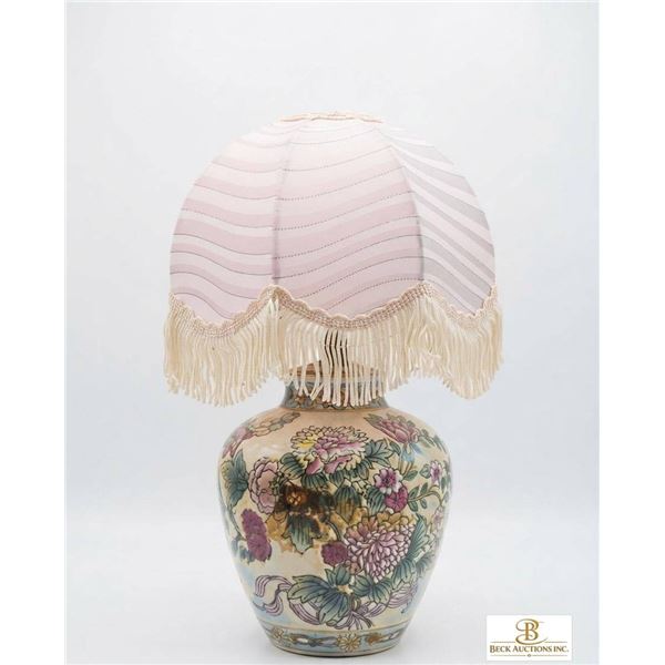 Floral Ceramic Table Lamp with Fabric Shade and Fringe