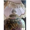 Image 2 : Floral Ceramic Table Lamp with Fabric Shade and Fringe