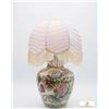 Image 1 : Ceramic Floral Table Lamp with Pink Fabric Shade and Fringe