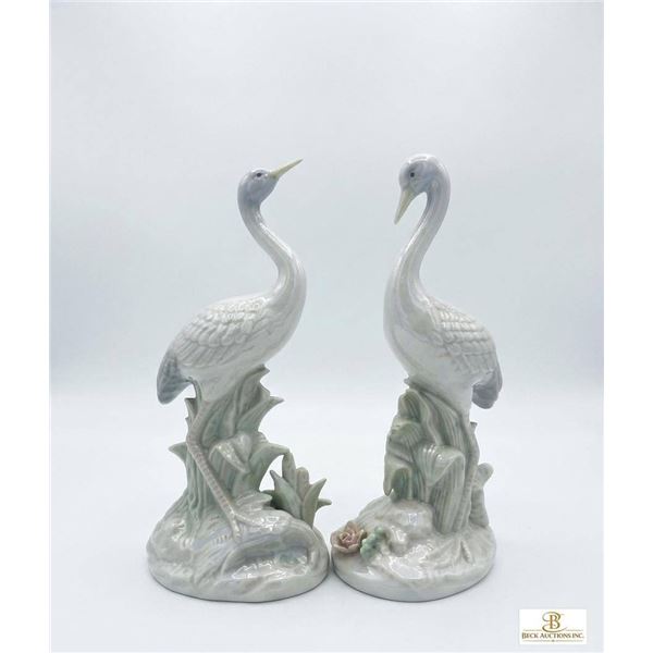 Porcelain Crane Figurines with Floral Bases