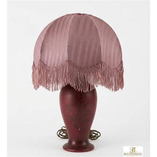Etched Red Glass Table Lamp with Pink Fabric Shade and Fringe