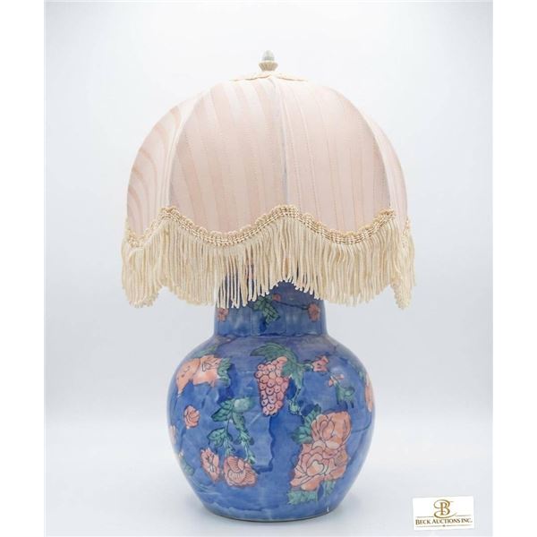 Blue Floral Ceramic Table Lamp With Pink Fabric Shade