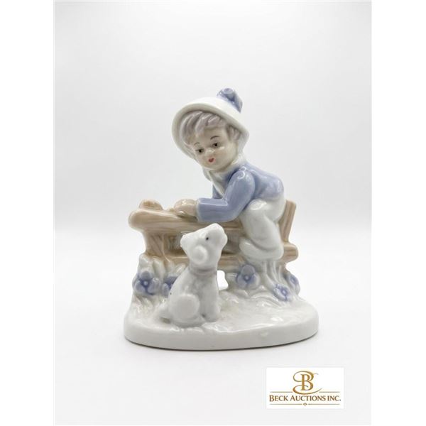 Porcelain Figurine of Boy in Blue Coat with Dog by Fence
