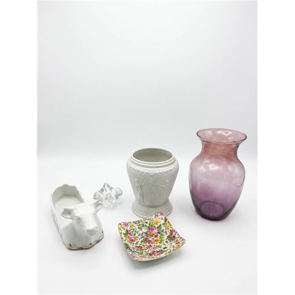 Otley Cow Butter Dish, White Relief Pot, Pink Glass Vase, Floral Dish, Small Crystal Dish