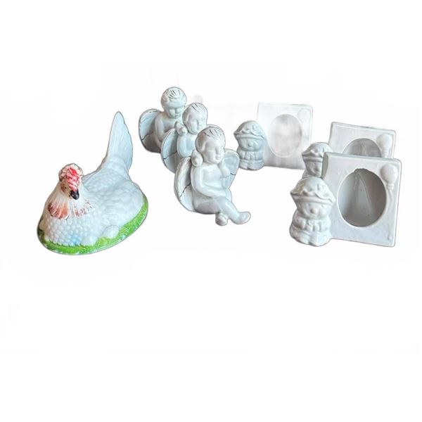 Porcelain Hen Dish, Angel Figurines, and Character Napkin Holders Set
