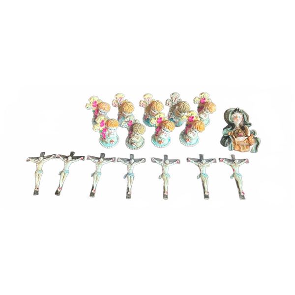 10 Cherub Figurines, 7 Crucifix Plaques, 1 Madonna Figurine, Assorted Materials