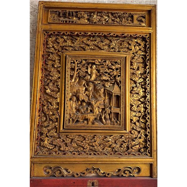 Chinese Carved and Gilt Wood Panel with Figural and Architectural Motifs