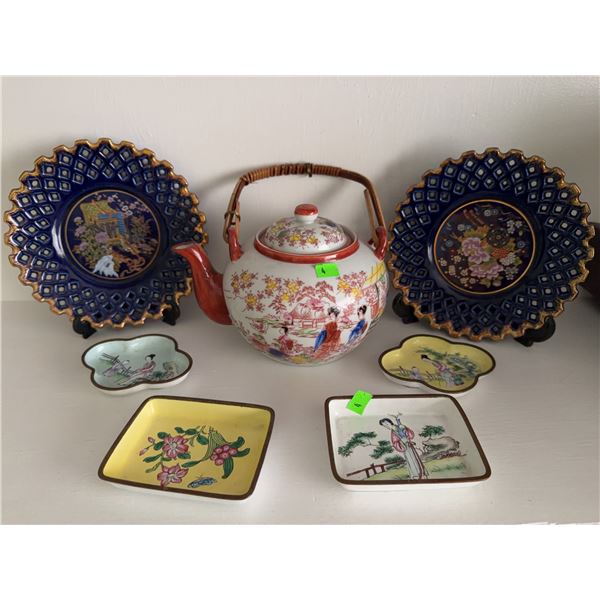 Asian Ceramic Tableware Including Teapot, Plates, Trays, and Dishes