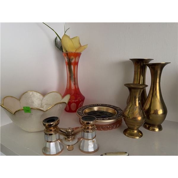 Decorative Lot: Brass Vases, Opera Glasses, Glass Bowl, Red Vase, Dish, Small Knife