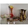Image 1 : Decorative Lot: Brass Vases, Opera Glasses, Glass Bowl, Red Vase, Dish, Small Knife