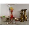 Image 2 : Decorative Lot: Brass Vases, Opera Glasses, Glass Bowl, Red Vase, Dish, Small Knife
