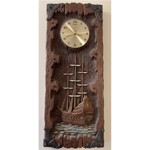 Smiths Wall Clock With Ship Relief, Carved Wood Style, Nautical Theme