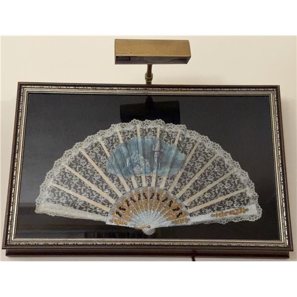 Framed Decorative Lace Hand Fan With Painted Scene, Shadowbox Display