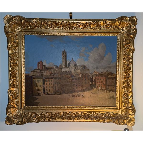 Framed Oil Painting of European Cityscape with Ornate Gilt Frame