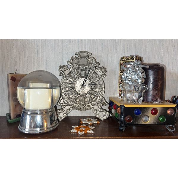 Battery Operated Ornate Desk Clock, Decorative Candles, Christmas Decor, and Candle Box