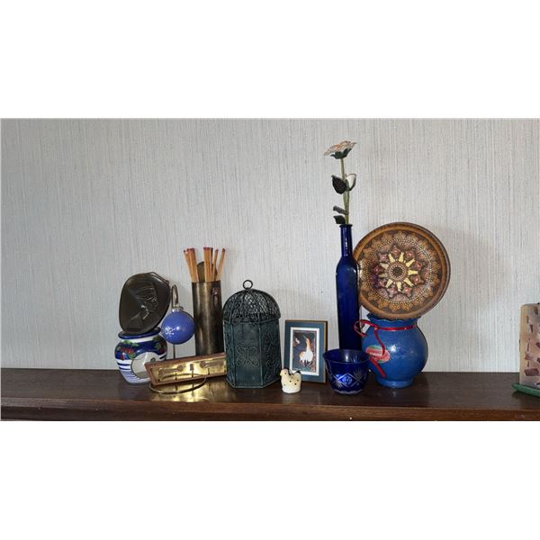 Home Decor Lot: Vase, Decorative Plate, Mini Birdcage Candle Oil Warmer and Mixed Objects