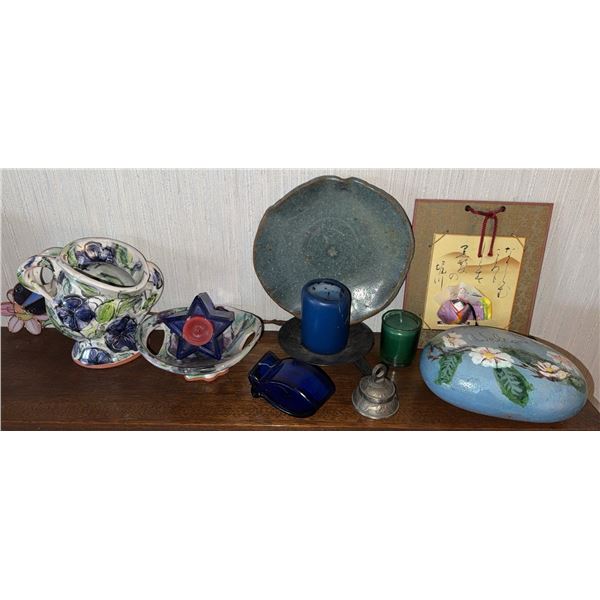 Hand Painted Rock, Decorative Pottery Vases, Blue Glass Decor and Assorted Brass Bell