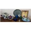 Image 1 : Hand Painted Rock, Decorative Pottery Vases, Blue Glass Decor and Assorted Brass Bell