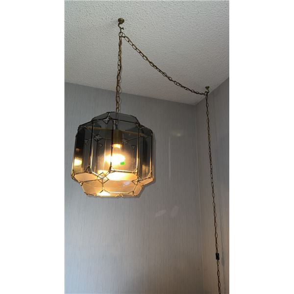 Hanging Swag Lamp with Brass Tone Frame and Tinted Glass Panels
