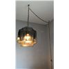 Image 1 : Hanging Swag Lamp with Brass Tone Frame and Tinted Glass Panels
