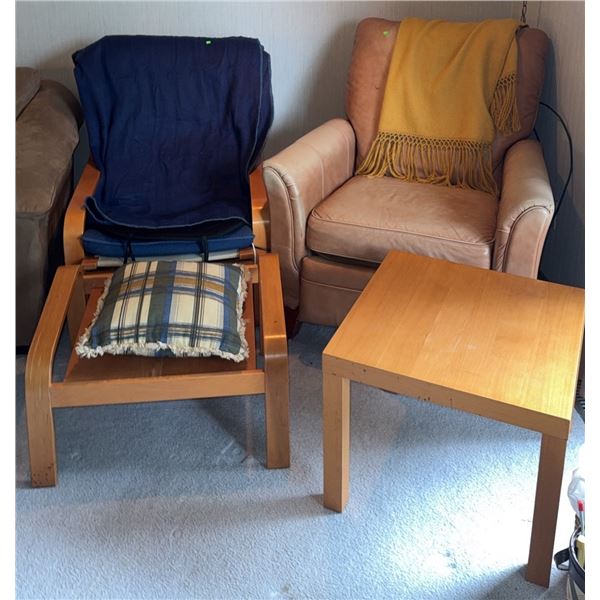 Leather Recliner Armchair with Yellow Mohair Fringed Throw and Wood Frame Lounge Chair