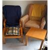 Image 2 : Leather Recliner Armchair with Yellow Mohair Fringed Throw and Wood Frame Lounge Chair
