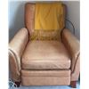 Image 3 : Leather Recliner Armchair with Yellow Mohair Fringed Throw and Wood Frame Lounge Chair