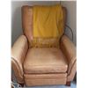 Image 4 : Leather Recliner Armchair with Yellow Mohair Fringed Throw and Wood Frame Lounge Chair