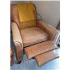 Image 5 : Leather Recliner Armchair with Yellow Mohair Fringed Throw and Wood Frame Lounge Chair