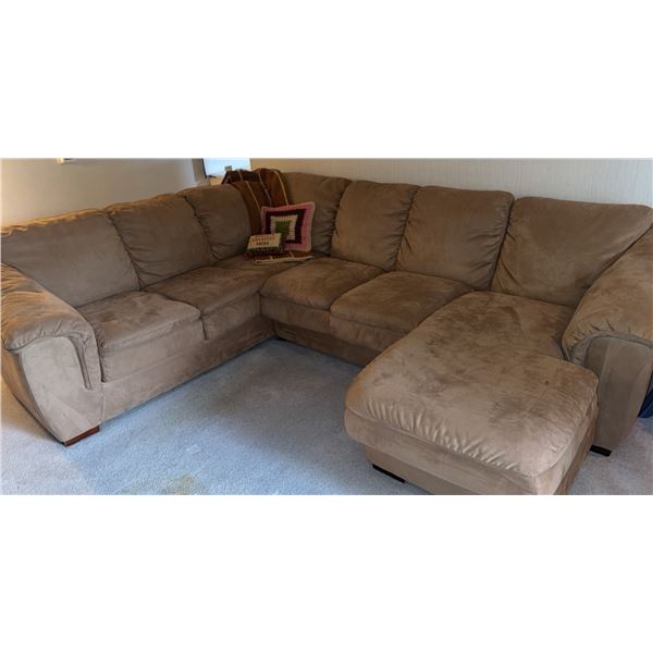 Beige Microfabric Sectional Sofa with Attached Chaise Lounge