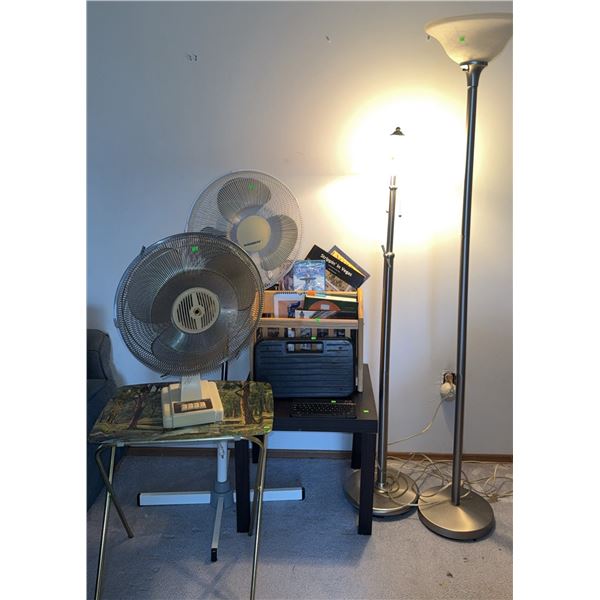 Two Oscillating Fans, Two Floor Lamps, Magazine Rack, Side Table, and Assorted Books