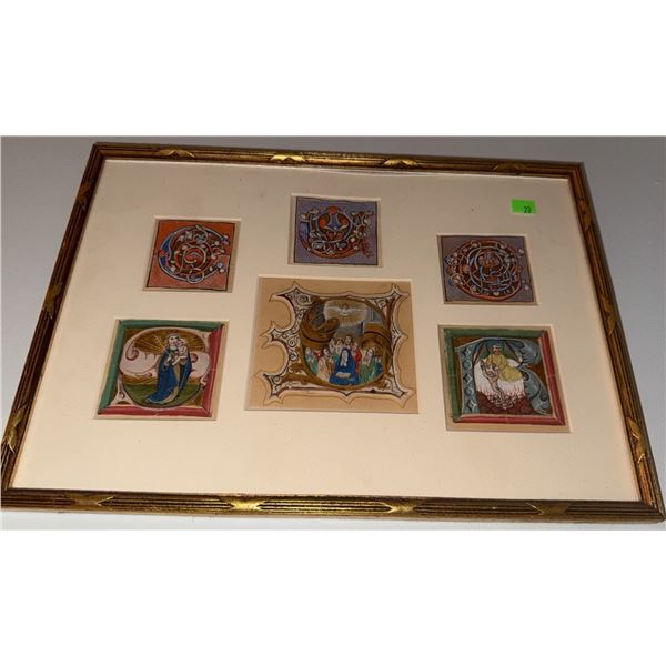 Framed Collection of Illuminated Manuscript Miniatures, Five Pieces Under Glass