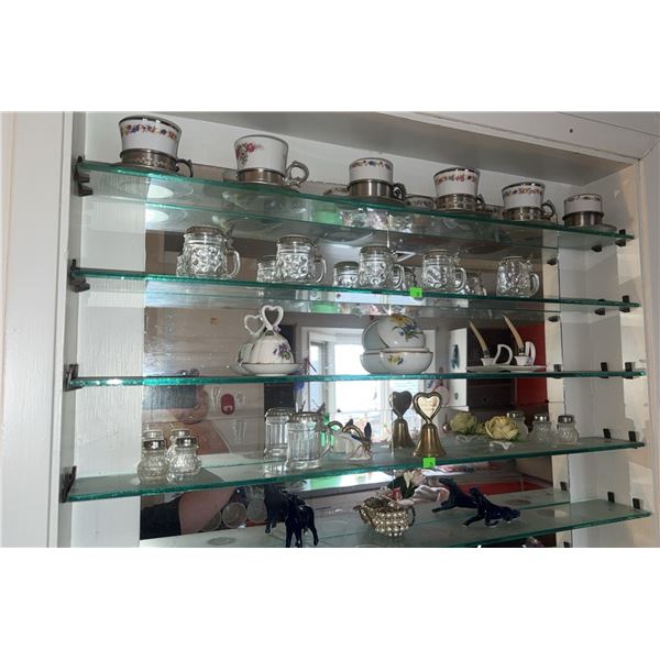 Collectables Including Porcelain Cups, Glass Jar Mugs, Miniatures, Shelves Not Included