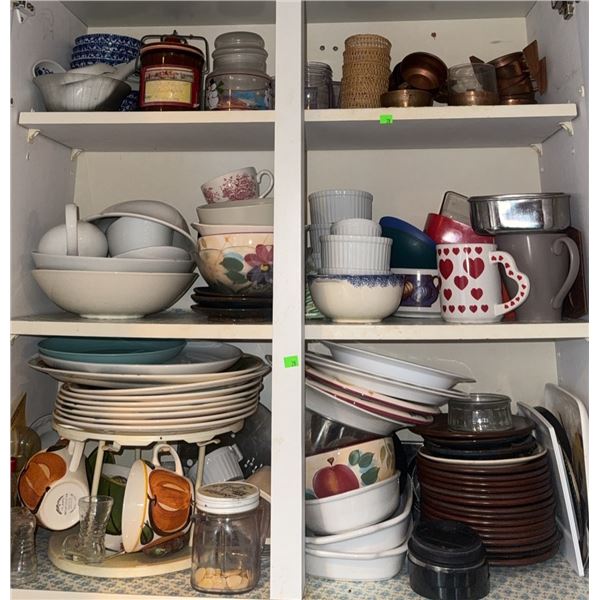 Cabinet Full of Assorted Kitchen Cups, Plates, Bowls, Mugs, and Storage Containers