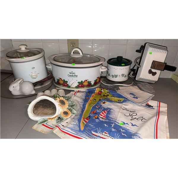 Slow Cookers, Ceramic Bunny, Planter, Linens, and Kitchenware Lot