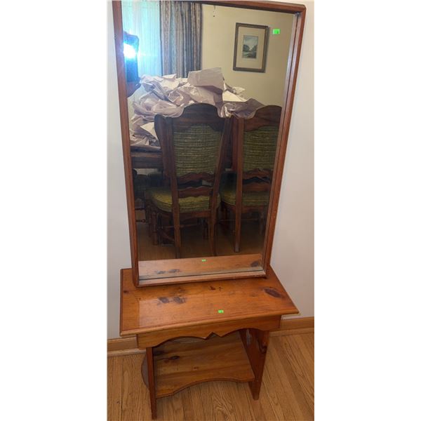Pine Wood Vanity Table with Rectangular Mirror and Heart Cutout Detail