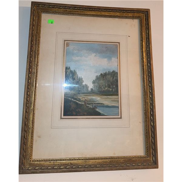 Framed Landscape Painting with River Scene and Gilt Wood Frame