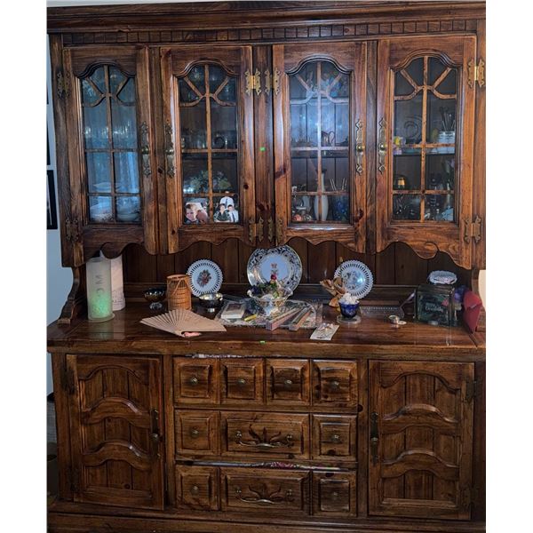 Stained Wood China Cabinet Hutch with Glass Panel Doors and Brass Hardware