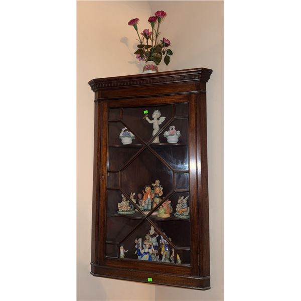 Wall Mounted Wood Display Cabinet with Assorted Ceramic and Porcelain Figurines