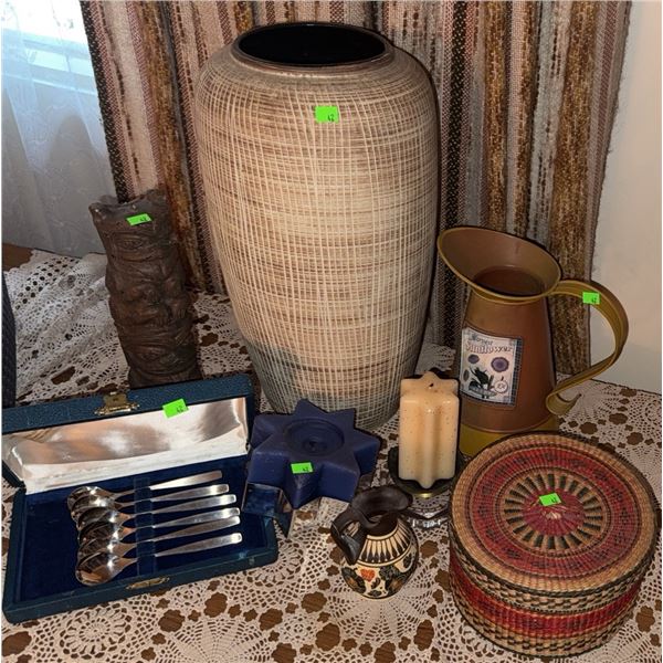 Decor Lot: Tall Ceramic Vase, Spoons in Case, Pitcher, Candles, Basket, Figurines
