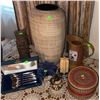 Image 1 : Decor Lot: Tall Ceramic Vase, Spoons in Case, Pitcher, Candles, Basket, Figurines