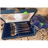 Image 2 : Decor Lot: Tall Ceramic Vase, Spoons in Case, Pitcher, Candles, Basket, Figurines